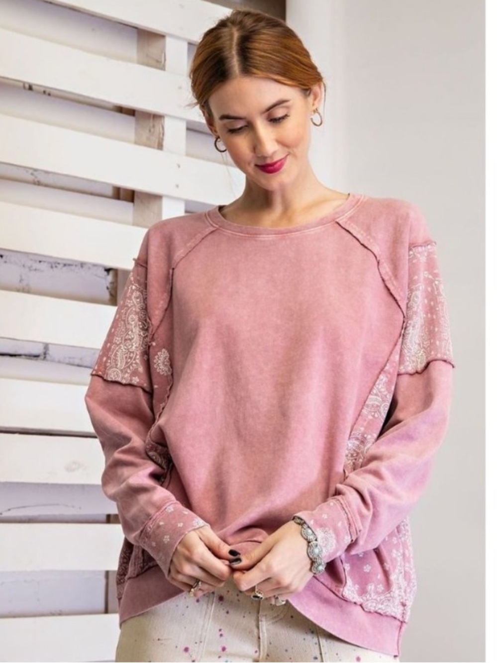 easel Mauve Bandana Print Mineral Wash Crewneck Sweater